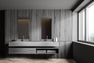 Gri ve ahşap banyo iç, çift lavabo