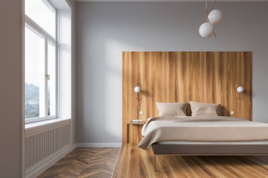 Beyaz ve ahşap ana yatak odası iç