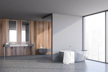 Ahşap ve açık gri banyo köşesi