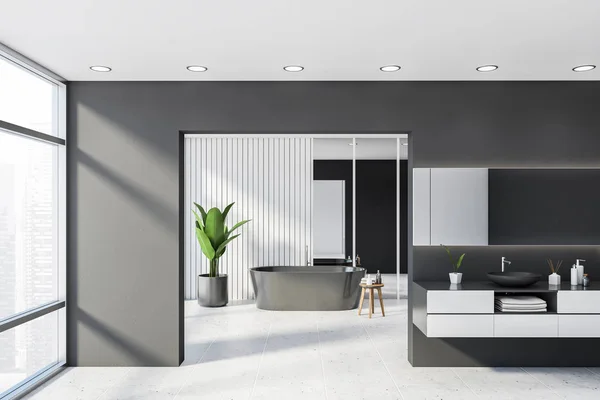 Banheiro cinza e branco, banheira e pia — Fotografia de Stock