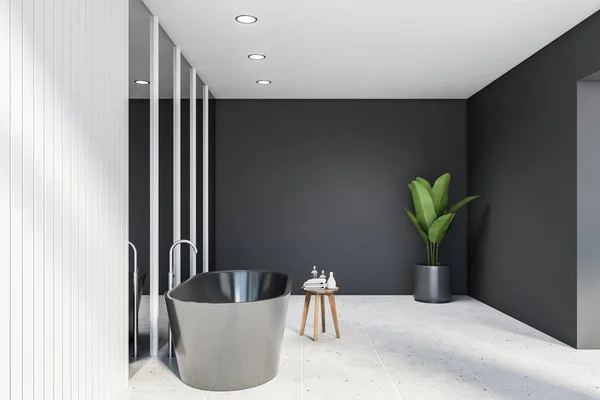 Серо-белая ванная комната с ванной, вид сбоку — стоковое фото