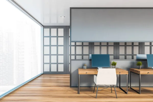 Panoramic gray open space office workplace — Stock Photo, Image