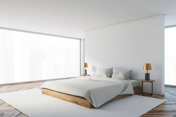 Angolo camera da letto bianco panoramico — Foto Stock
