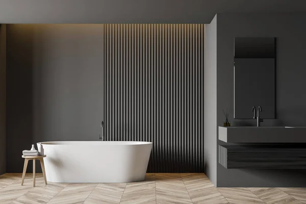 Graues Badezimmer mit Badewanne und Waschbecken — Stockfoto