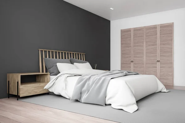 Gri ve beyaz yatak odası köşesi gardırobuyla — Stok fotoğraf
