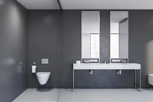 Double sink and toilet in gray wooden bathroom — 스톡 사진