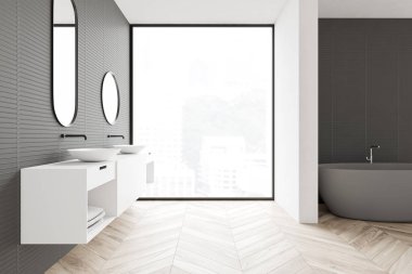Beyaz ve gri banyo içi, lavabo ve küvet