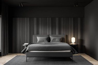 Gri ve ahşap ana yatak odası iç