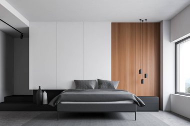 Beyaz ve ahşap ana yatak odası iç