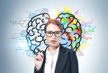 Gözlüklü kadın, sağ ve sol beyin konsepti