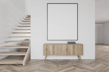 Dolabı ve posteri olan beyaz oturma odası.