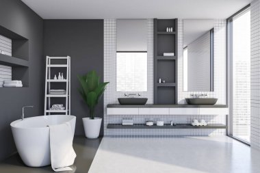 Beyaz fayans ve gri banyo iç kısmı.