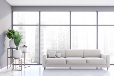 Beyaz kanepeli panoramik gri oturma odası