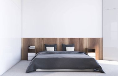 Lüks beyaz ve ahşap yatak odası.