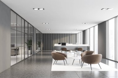 Çalışma ve bekleme odası olan gri ofis