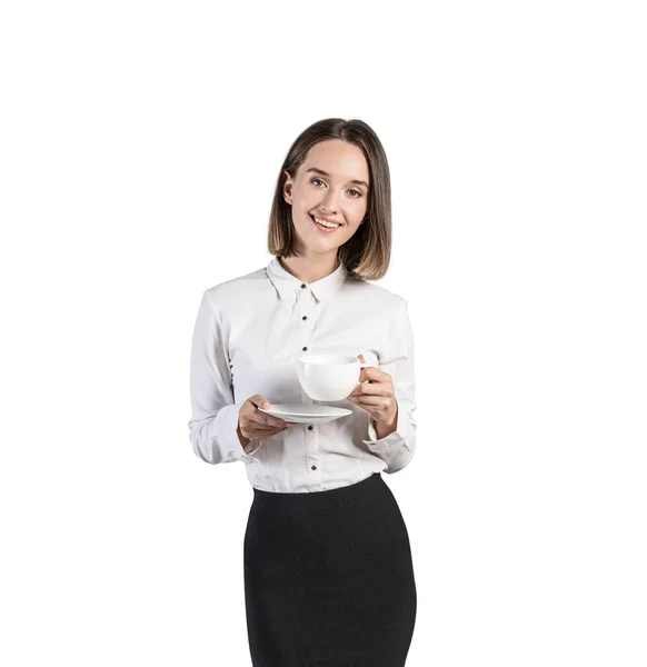 Uśmiechnięta bizneswoman z filiżanką kawy, odizolowana — Zdjęcie stockowe