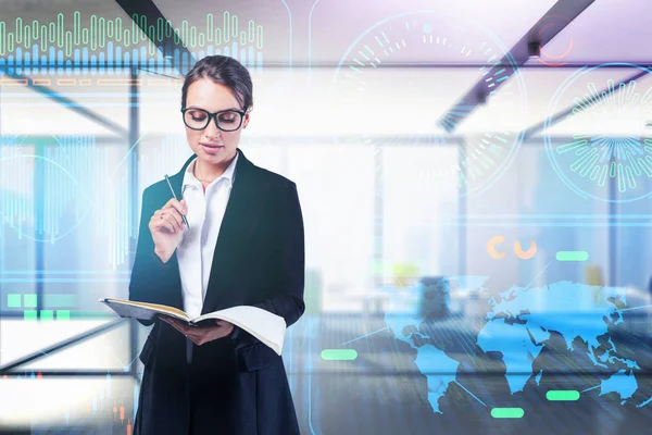 Woman engineer with notebook, infographics — Stock Photo, Image