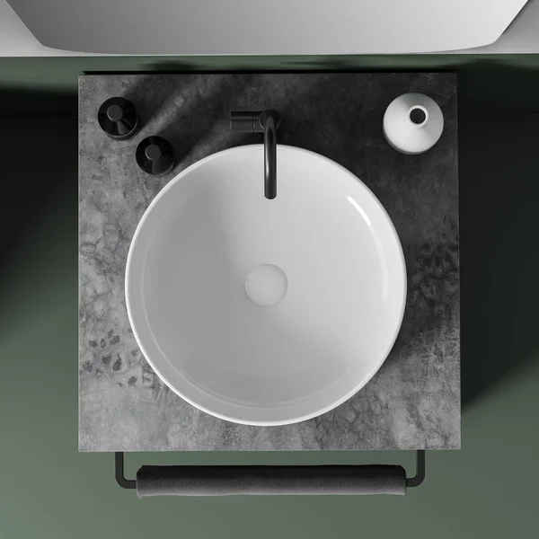 Top view of sink in white and green bathroom — 스톡 사진