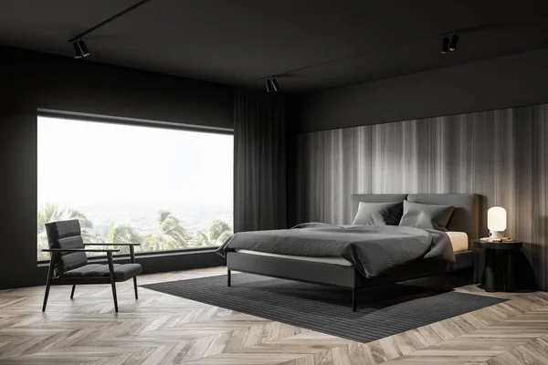 Szare i drewniane narożne sypialnie z fotelem — Zdjęcie stockowe