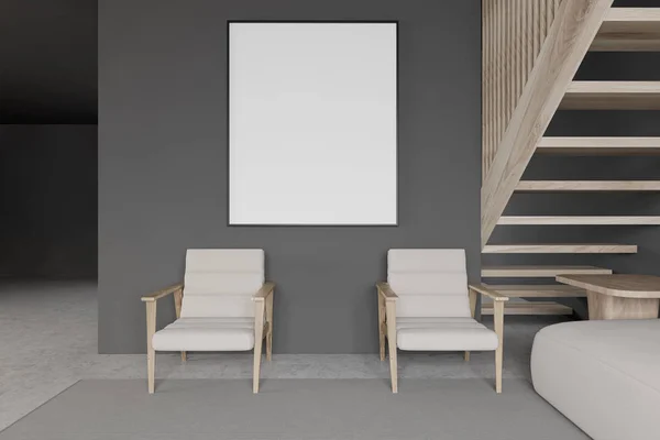 Salón gris con dos sillones y póster — Foto de Stock