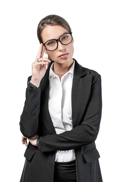 Przemyślana młoda bizneswoman w okularach — Zdjęcie stockowe