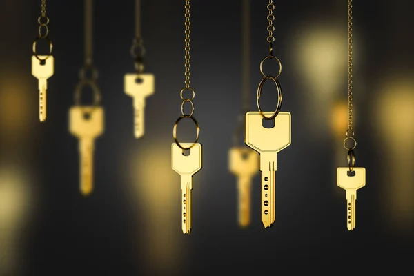 Gold keys on chains, real estate concept — 스톡 사진