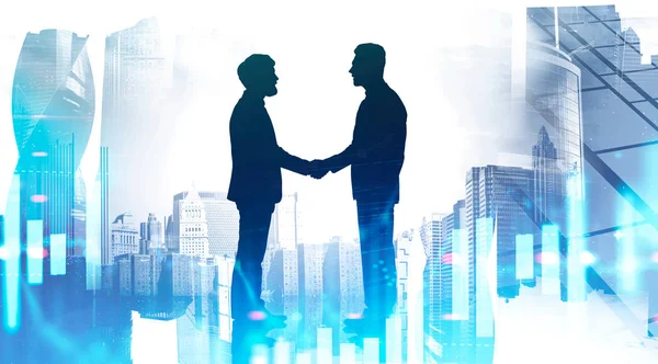 Businessmen shaking hands in city, graph — Stock Photo, Image