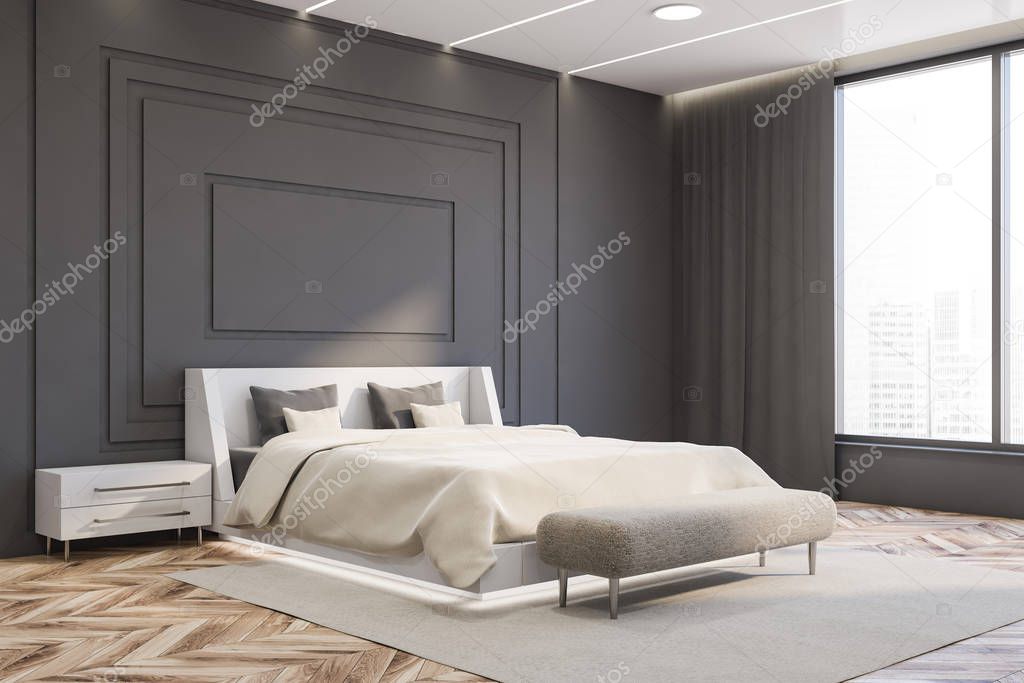 Panoramic gray master bedroom corner