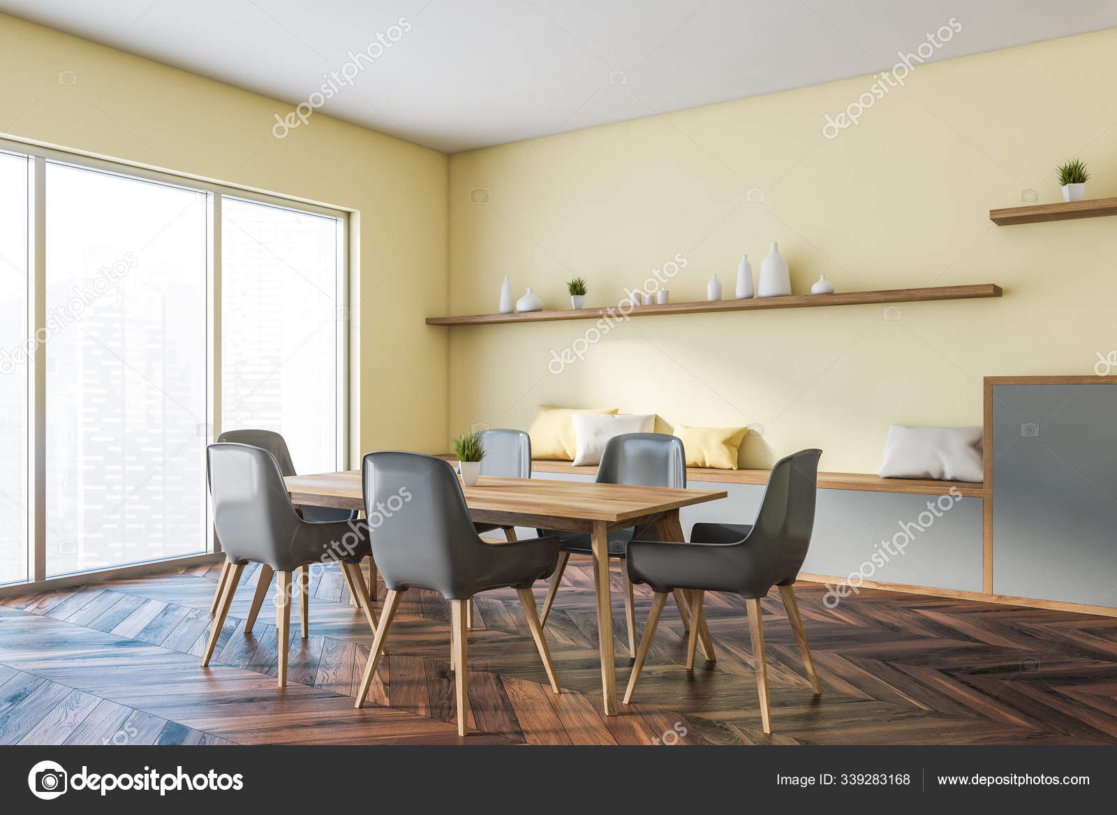 Yellow Panoramic Dining Room Corner With Cabinet Stock Photo Denisismagilov 339283168