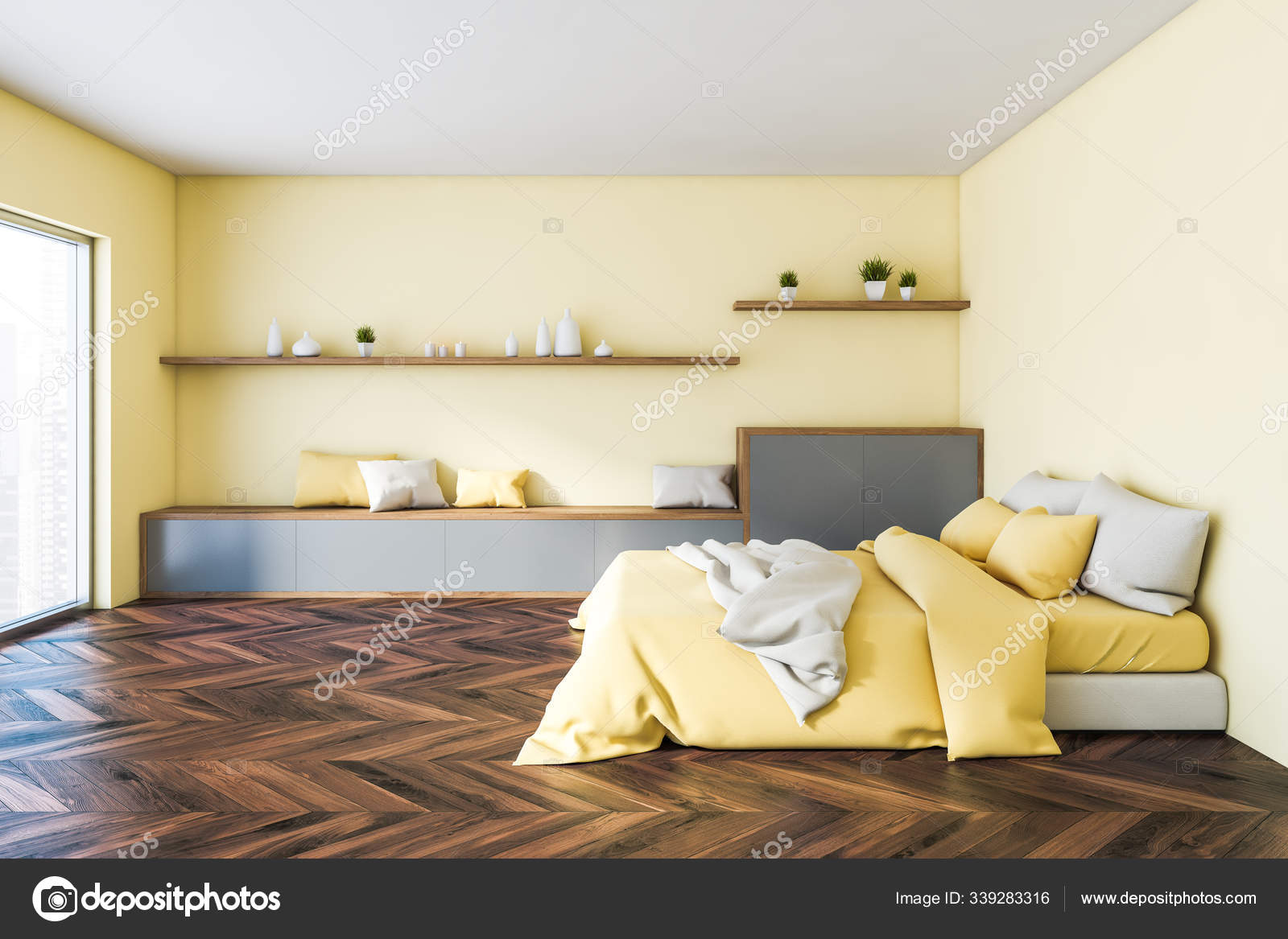 Yellow master bedroom interior with shelves — Stock Photo © denisismagilov  #339283316, image size:1600x1167