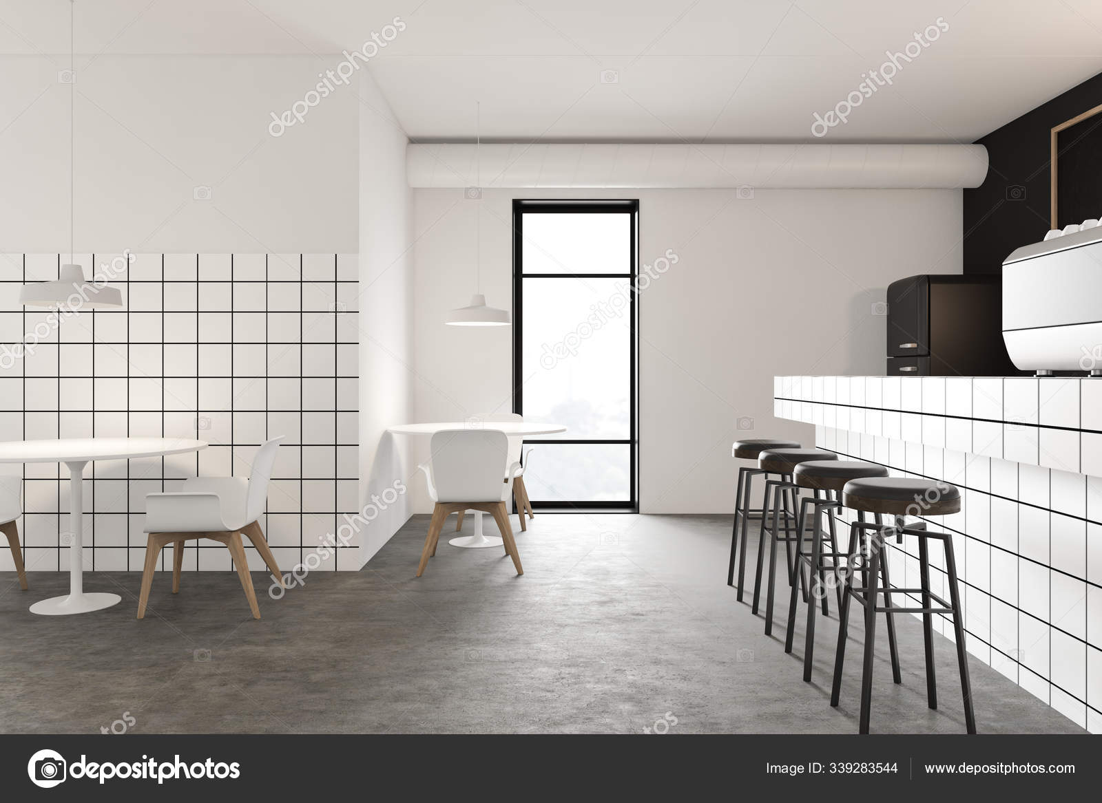 Black and white restaurant interior with bar Stock Photo by