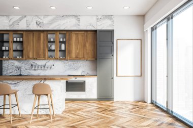 Bar ve posterli gri panoramik mutfak