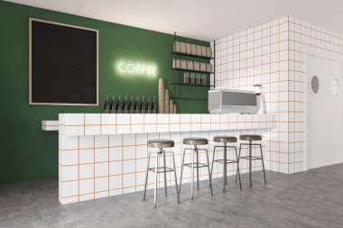 Kara tahtası olan yeşil kahve dükkanı.