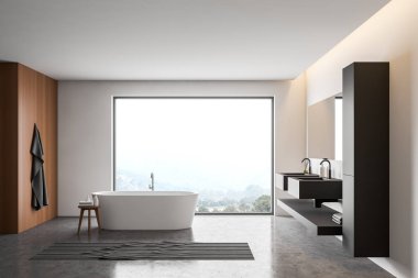 Beyaz ve ahşap panoramik banyo içi