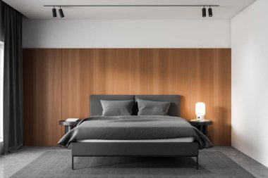 Beyaz ve ahşap ana yatak odası iç