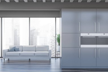 Panoramik gri oturma odası ve mutfak