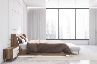 Panoramik beyaz yatak odası, yan manzara