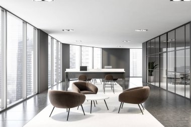 Ortak çalışma ve dinlenme alanı olan gri ofis
