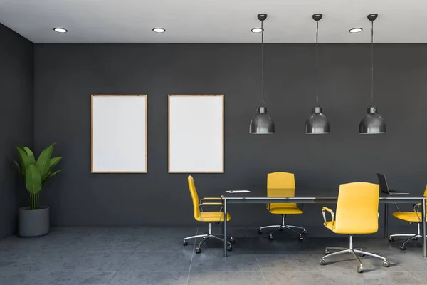 Yellow and gray conference room with poster