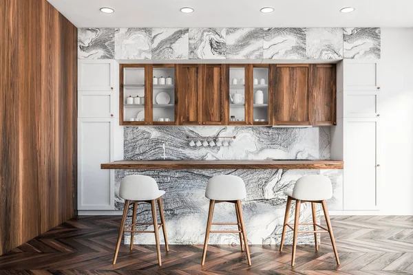 Bar di marmer putih dan dapur kayu — Stok Foto
