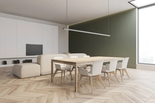 Zelený obývací pokoj a jídelna interiér — Stock fotografie