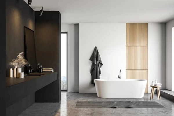 Black and white bathroom with tub and sink — Stock Photo, Image