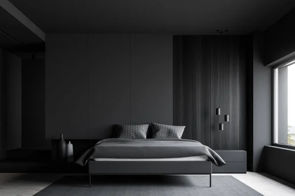 Сірий і дерев'яний майстер інтер'єр спальні — стокове фото