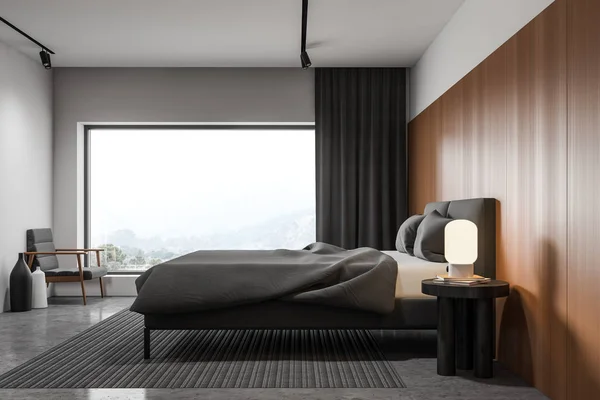 Panoramik beyaz ve ahşap yatak odası — Stok fotoğraf