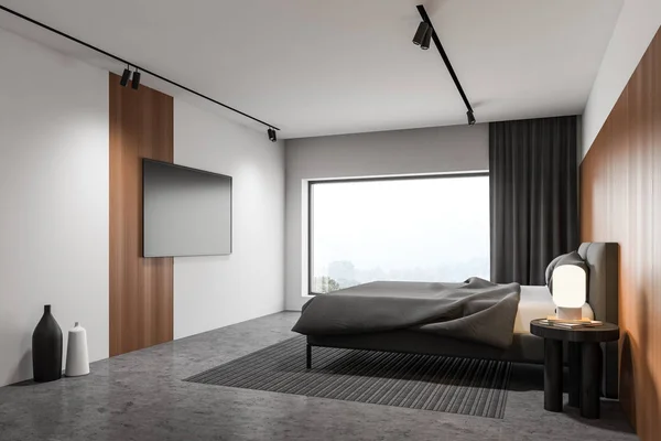 Πανοραμική λευκό και ξύλινο υπνοδωμάτιο με τηλεόραση — Φωτογραφία Αρχείου