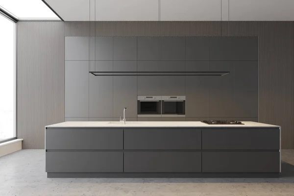 Interior minimalista de cocina gris con encimeras —  Fotos de Stock