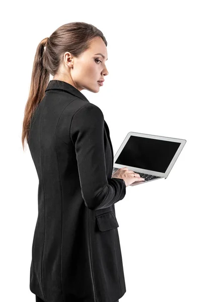 Side view of businesswoman with laptop, isolated — 스톡 사진