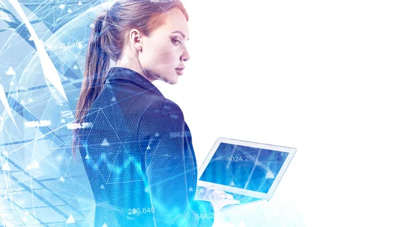 Woman with laptop in city, network and coding — Stock Photo, Image