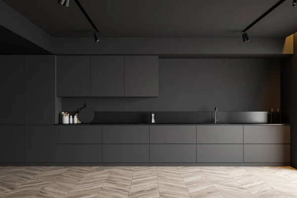 Minimalist gray kitchen interior with countertops — Stock Photo, Image