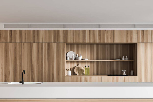 Wooden kitchen interior with island